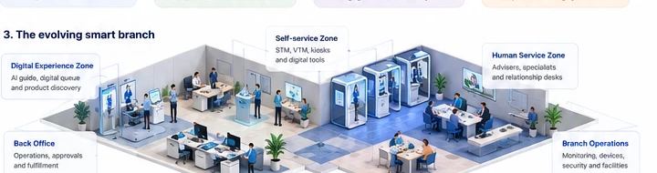 Smart branch layout showing digital experience zone, self-service zone, human service zone, back office and branch operations
